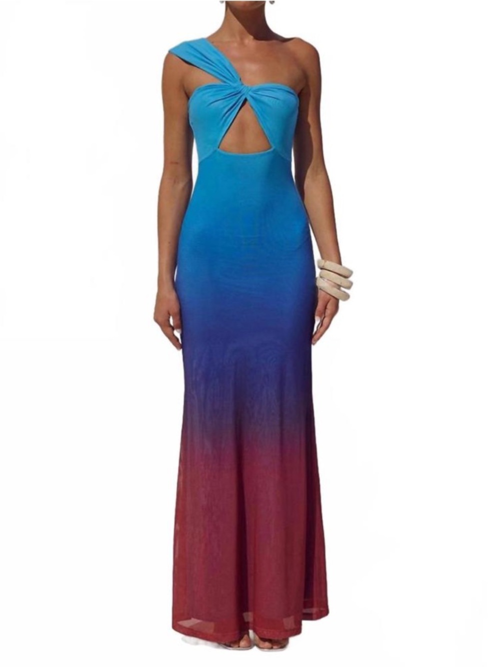 Kyree, One-Shoulder Blue to Burgundy Ombre Maxi Dress with Cutout